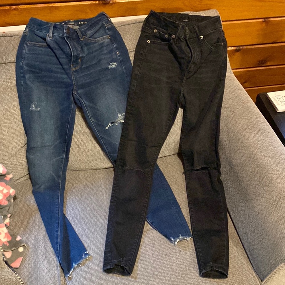 American eagle skinny jeans both size 0 one blue one black.